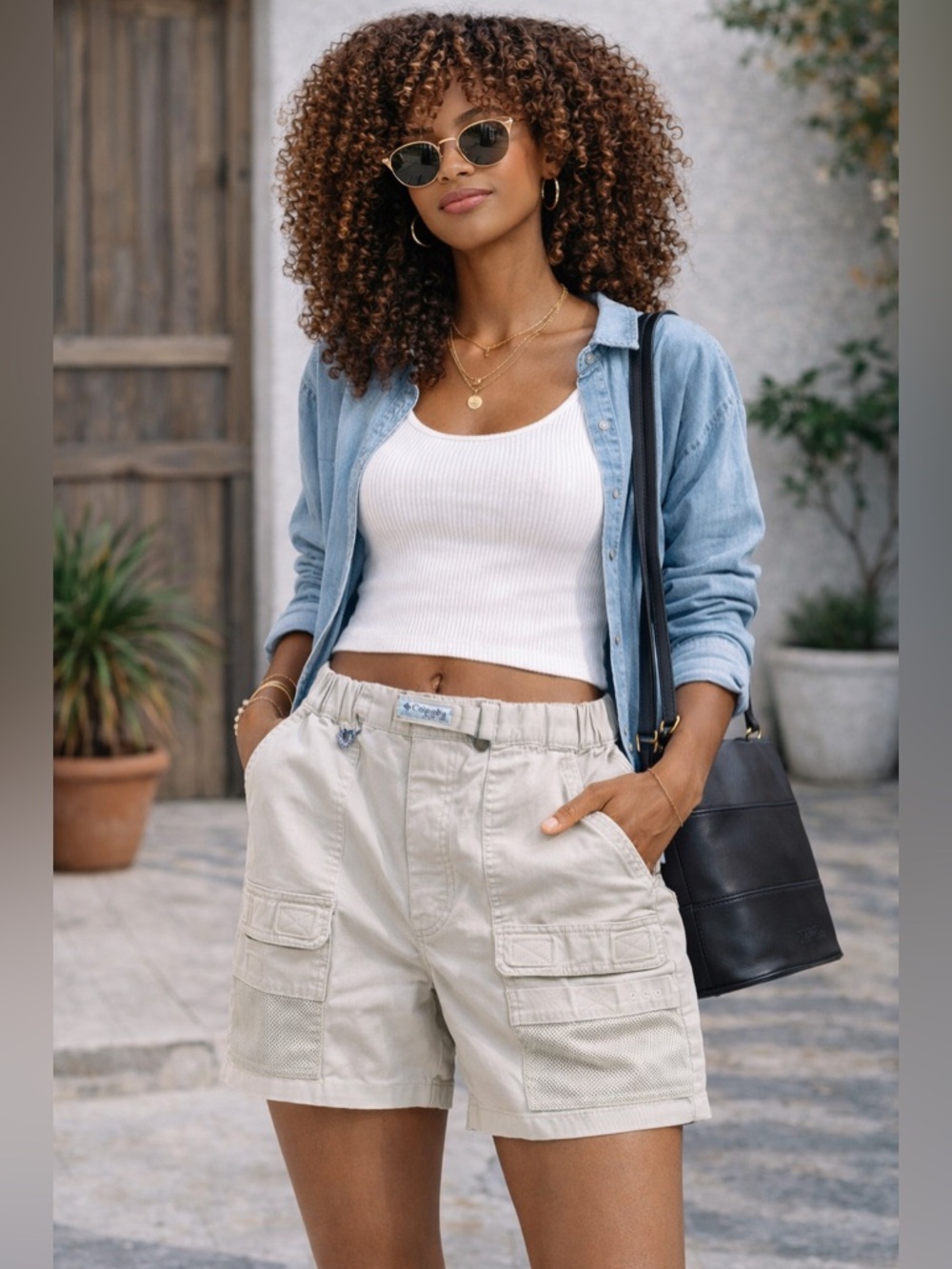 Columbia PFG Shorts Women M Beige Fishing Utility Cargo Elastic Waist Outdoor